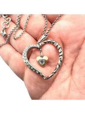 Brighton Womens Necklace Silver Gold Clear Crystal Heart Pendant 16 - 18 Inch